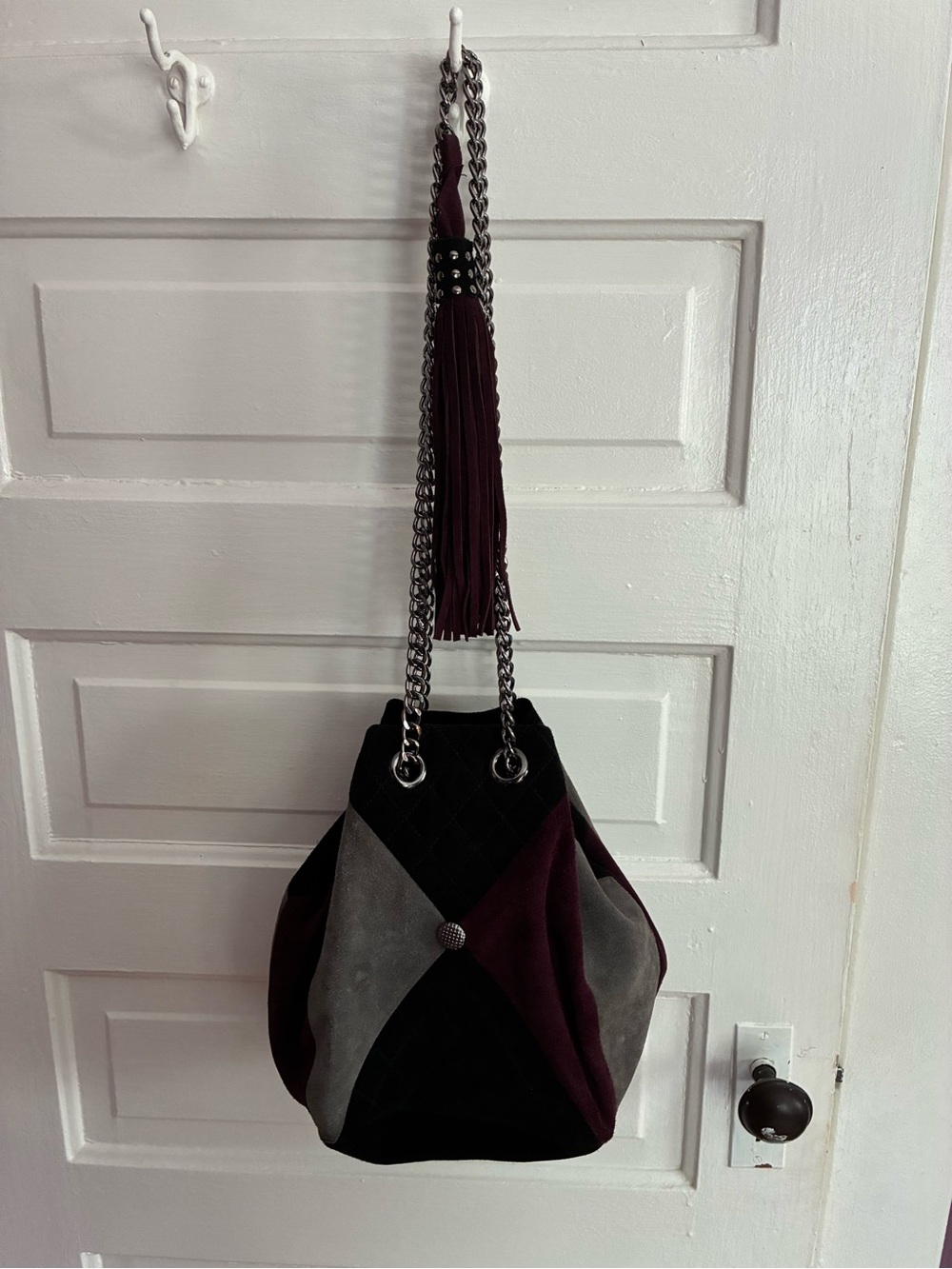 Anthropologie My Choice Italian Leather Patchwork Suede Chain Shoulder Bucket